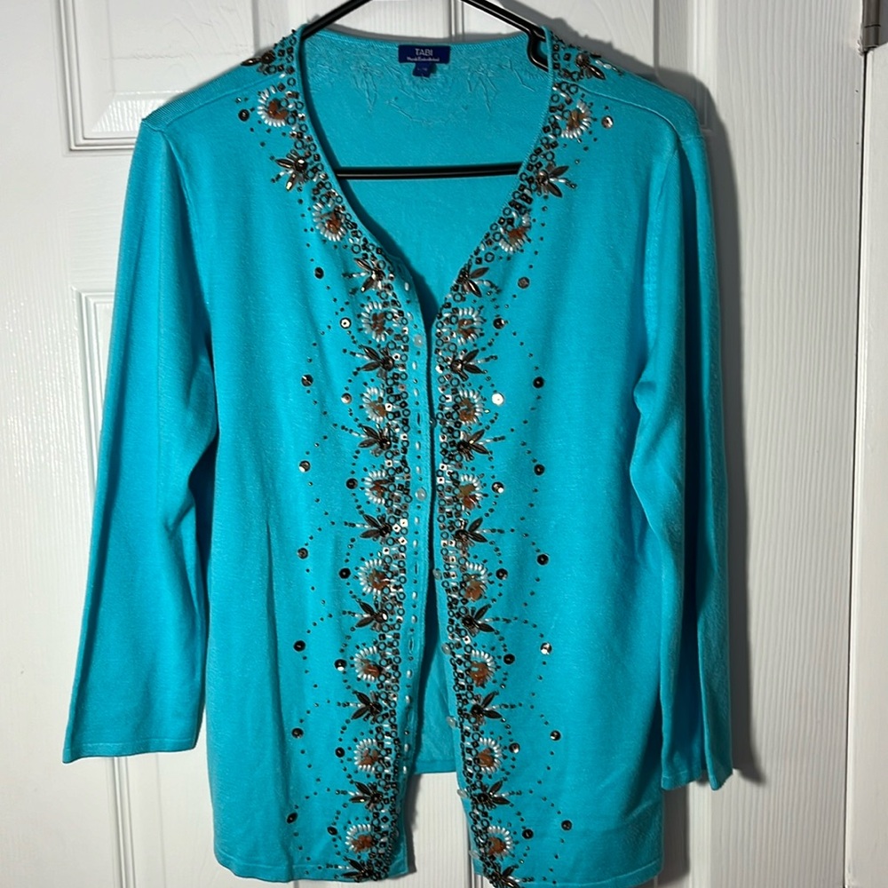 TABI hand beaded cardigan sweater boho embellished embroidered 3/4sleeve aqua  L
